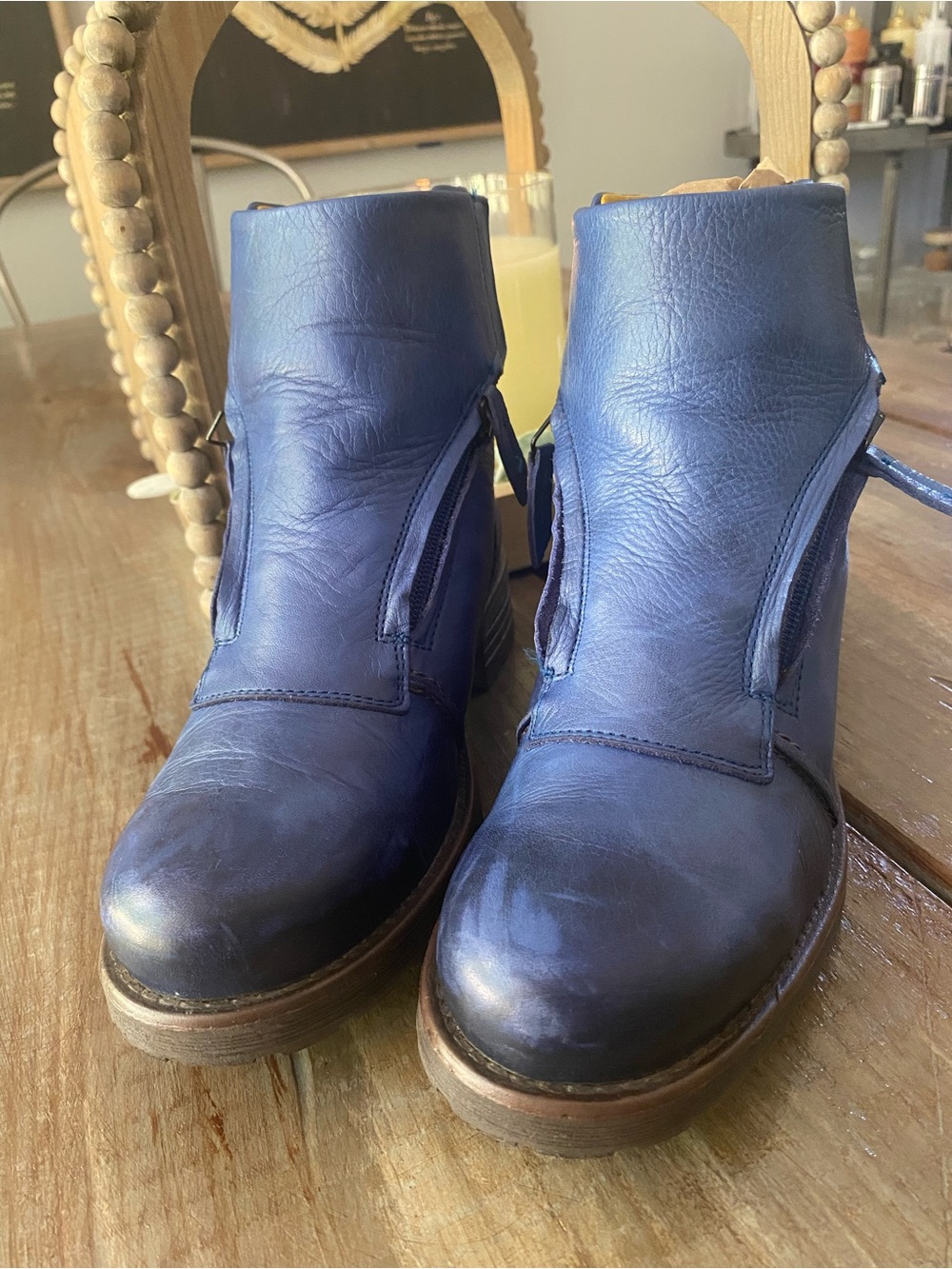 Jafa Leather Handmade Zip-Front Moto Combat Ankle Boots Womens 38 US 7-7.5 Blue